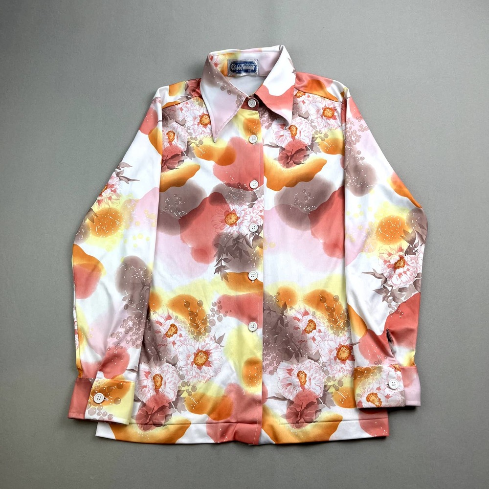 Vintage Flower Shirt Blouse Womens XL Pink Floral Contessa Button Up Hippie 70s